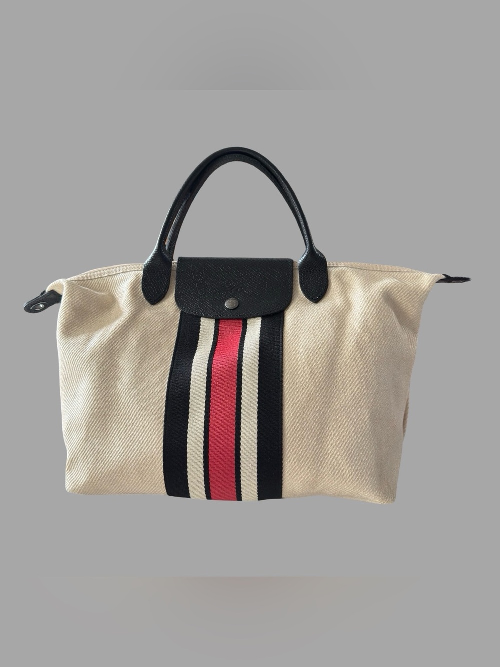 Longchamp Paris Canvas Stripe Tote Bag with Black Handles - Beige and Red